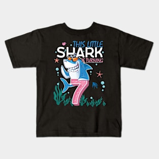 Turning 7 Years Old, Boy Girl Shark Birthday Theme, 7th Bday Kids T-Shirt